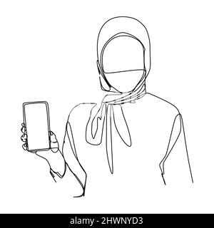 Dessin continu d'une ligne d'une femme d'affaires regardant la tablette. Dessin de ligne de style dessiné à la main pour la technologie, le modèle d'entreprise et le con Illustration de Vecteur