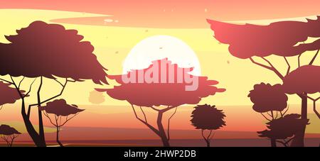 Matin brillant Afrique. Silhouette de lever de soleil à l'horizon. Scène avec sable et plantes. Savannah dans le désert. Acacia africaine. Vecteur Illustration de Vecteur