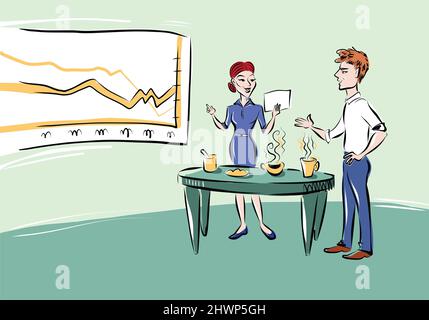 Illustration d'une femme et d'un homme parlant à une table dans un bureau. Un grand tableau blanc se trouve sur le mur gauche. Le café est sur la table. Banque D'Images