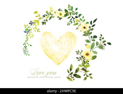 Aquarelle de l'amour avec couronne jaune et verte décorée dans un coeur. Aquarelle peinte à la main pour la Saint-Valentin, invitation à un mariage, merci Illustration de Vecteur