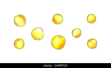 Jeu de taches de peinture jaunes aquarelles rondes, illustration de points pixélisés, éléments de conception, arrière-plan de texte. Aquarelles sous forme de cercle, s Banque D'Images