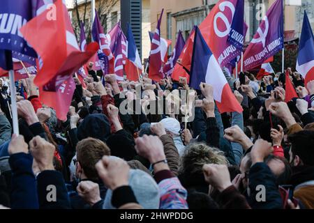 Lyon (France), le 6 mars 2022. Rencontre de Jean-Luc Mélenchon, candidat du parti France Insoumise à l'élection présidentielle de 2022. Banque D'Images