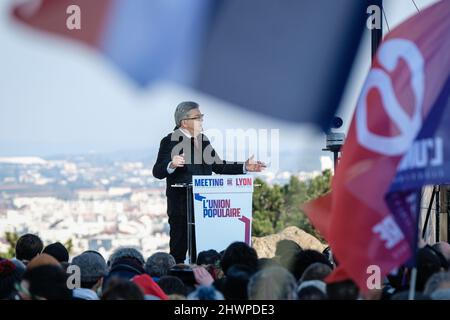 Lyon (France), le 6 mars 2022. Rencontre de Jean-Luc Mélenchon, candidat du parti France Insoumise à l'élection présidentielle de 2022. Banque D'Images