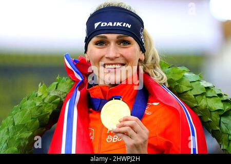 Cérémonie Irene Schouten (NED) lors des Championnats du monde de patinage de vitesse Sprint et Allround le 6 mars 2022 dans le Vikingskipet à Hamar, Norvège photo par SCS/Soenar Chamid/AFLO (PAYS-BAS OUT) Banque D'Images