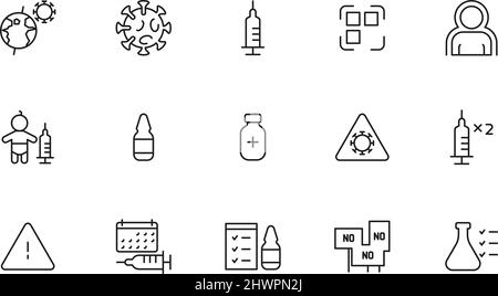 Icône vaccination. L'injection de seringues à la bactérie Covid 19 détruit traitement médical personnes protection de la santé Garish vecteur linéaire symboles de Illustration de Vecteur