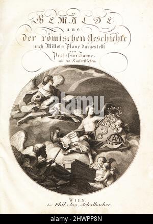 Scène allégorique avec l'histoire assis sur un nuage au-dessus de l'étude avec un livre d'histoire, médaillon avec des portraits, un globe et une carte. Deux genie ailées écrivent l'Histoire de Remus et Romulus. Page de titre en copperplate avec vignette ronde de Jean Baptiste Pieger du Professeur Joseph Rudolf Zappe Gemalde aus der romischen Geschichte, Pictures of Roman History, Joseph Schalbacher, Vienne, 1800. Édition allemande de l’abbé Claude François Xavier Millot, Abrege de l’Histoire Romaine. Banque D'Images