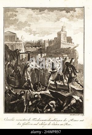 Le général romain Marcus Furius Camillus expulse les Senonii Gaulois de Rome, c. 390 BC, brisant le traité avec le chef gaulois Brennus, montré charger l'or sur des balances. Traite des Romains, rompu par Camille qui chasse les Gaulois de Rome. Gravure de coperplate par Paul Joh. Weindl d'après un dessin de Hubert-François Gravelot du Professeur Joseph Rudolf Zappe Gemalde aus der romischen Geschichte, Pictures of Roman History, Joseph Schalbacher, Vienne, 1800. Édition allemande de l’abbé Claude François Xavier Millot, Abrege de l’Histoire Romaine. Banque D'Images