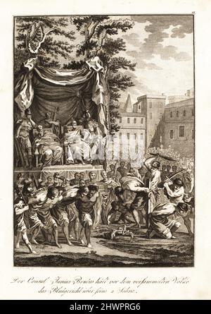 Consul romain Lucius Junius Brutus observant la torture et l'exécution de ses fils Titus Junius et Tiberius Junius et d'autres monarchistes pour trahison, 509 av. J.-C. Le consul Junius Brutus juge en présence du Peuple, ses deux fils et le fait met un mort. Gravure sur plaque de copperplate par János Blaschke d'après un dessin de Charles-Dominique-Joseph Eisen du Professeur Joseph Rudolf Zappe's Gemalde aus der romischen Geschichte, Pictures of Roman History, Joseph Schalbacher, Vienne, 1800. Édition allemande de l’abbé Claude François Xavier Millot, Abrege de l’Histoire Romaine. Banque D'Images