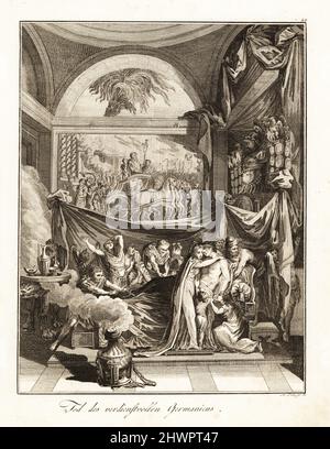 La mort douteuse par empoisonnement de Germanicus Julius César à Seleucia, AD 19. Sur son lit de mort entouré par sa femme Agrippina l'aîné, les enfants, et ses soldats dans une salle décorée de signums et d'une murale triomphale. Germanicus était un général romain populaire et éminent, connu pour ses campagnes en Germania. Mort de Germanicus. Gravure sur plaque de coperplate par Martin Pöltzel de la Gemalde aus der romischen Geschichte du professeur Joseph Rudolf Zappe, Pictures of Roman History, Joseph Schalbacher, Vienne, 1800. Édition allemande de l’abbé Claude François Xavier Millot, Abrege de l’Histoire Romaine. Banque D'Images