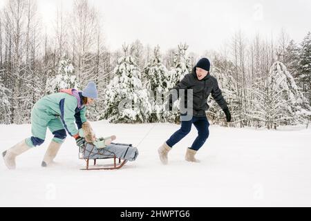 Père et mère heureux qui traînent la fille sur la neige en hiver Banque D'Images