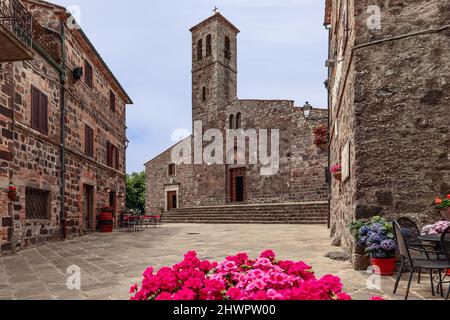 Eglise San Pietro Apostolo (13th-siècle) dans le centre de la ville de Radicofani en été. Toscane, Italie Banque D'Images