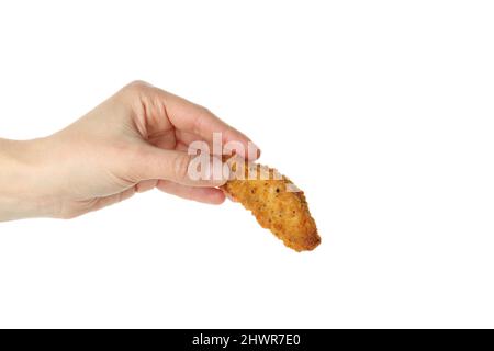 La main femelle tient une bande de poulet, isolée sur fond blanc Banque D'Images