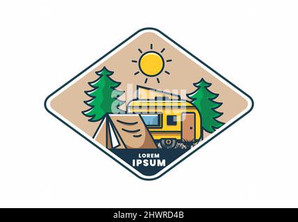 Camping van et tente entre pins illustration design Illustration de Vecteur