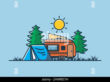 Camping van et tente entre pins illustration design Illustration de Vecteur