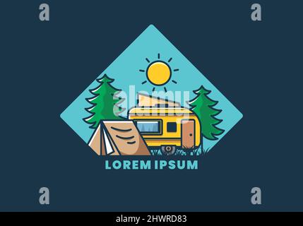 Camping van et tente entre pins illustration design Illustration de Vecteur