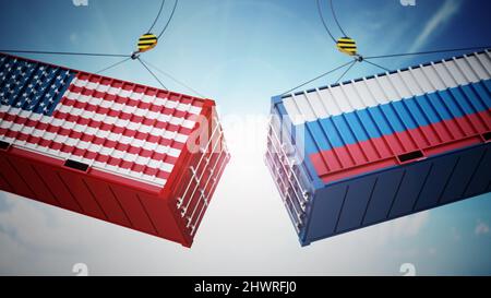Collision de conteneurs de marchandises avec des drapeaux des États-Unis et de la Russie. 3D illustration. Banque D'Images