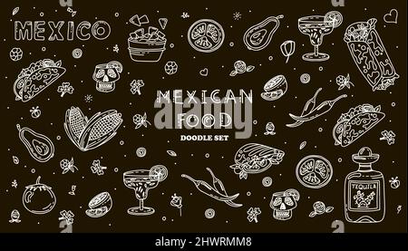 Cuisine mexicaine, set de nourriture Vector Doodle. Plats nationaux épicés, restauration rapide, en-cas. Illustration du restaurant, du menu, du café. Fiesta mexicana Illustration de Vecteur