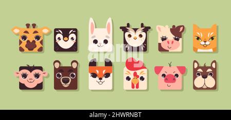 Plat mignon animaux visages carrés avatar. Cochon, vache, girafe, hibou, singe, chien, chat, renard, singe, pingouin, ours, lapin et coq zoo ui design éléments pour les enfants. Ensemble pour enfants d'animaux de compagnie, animaux sauvages ou safari. Illustration de Vecteur