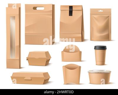 Emballage en papier pour aliments à emporter. Récipients fastfood réalistes. Emballage de livraison. Maquette de 3D boîtes, sacs ou tasses en carton vierges. Sachet de ziplock. Repas Illustration de Vecteur