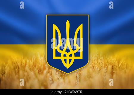Illustration du drapeau de l'Ukraine qui agite dans le vent avec des armoiries d'Ukraine emblème de l'Etat Banque D'Images