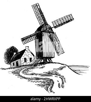 Vieux moulin à vent dans la campagne. Dessin noir et blanc Banque D'Images