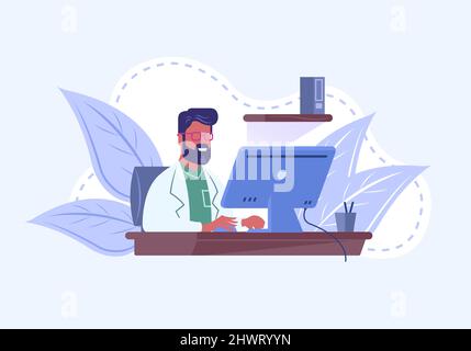 Médecin assis à un bureau qui fait une consultation en ligne. Illustration vectorielle. Illustration de Vecteur