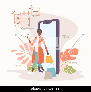 Femme sortant avec des sacs d'achats de son smartphone, le concept d'achat en ligne. Illustration vectorielle. Illustration de Vecteur