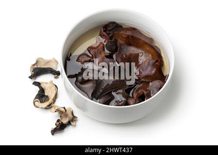 les juifs séchés oreilles tremper les champignons dans l'eau dans un bol isolé sur fond blanc Banque D'Images