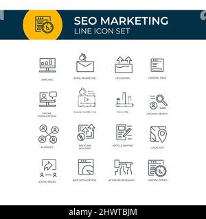 Ensemble d'icônes Web de contour - ensemble d'icônes d'optimisation du moteur de recherche. Illustration vectorielle simple, présente un ensemble d'icônes SEO. Contact, Target, site Web. Vecteur Illustration de Vecteur