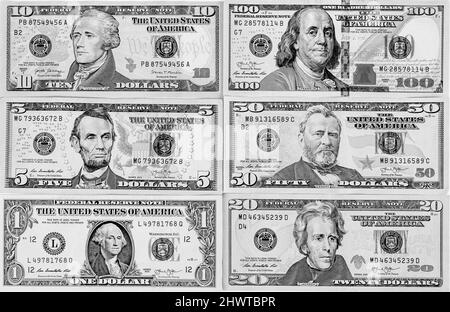 Dollar notes avec des portraits de présidents isolés sur fond blanc. Concept DE devise AMÉRICAINE. Photo de haute qualité Banque D'Images