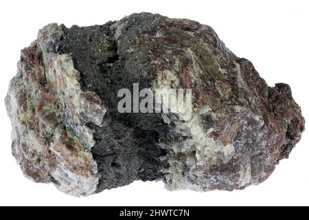 Bismuth natif en quartz de Schlema, Allemagne isolé sur fond blanc Banque D'Images