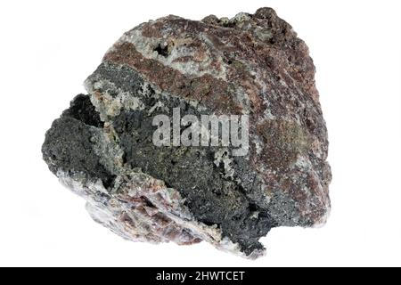 Bismuth natif en quartz de Schlema, Allemagne isolé sur fond blanc Banque D'Images