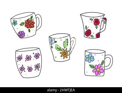 Collection de tasses à café isolées avec ornements de fleurs dessinées. Banque D'Images