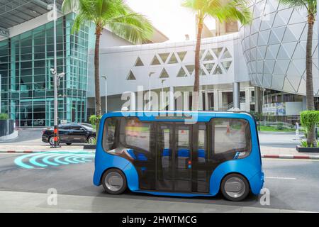 Bus électrique autonome autopilotant dans la rue, concept de technologie de véhicule intelligent, rendu 3D Banque D'Images