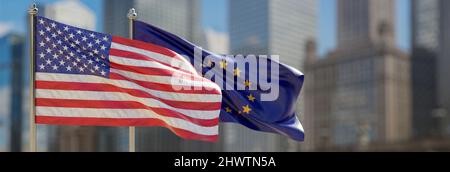 Drapeau national de l'UE et des États-Unis agitant contre l'arrière-plan du bâtiment flou, symbole des États-Unis d'Amérique et de l'Union européenne sur le mât, bannière. 3d rendu Banque D'Images