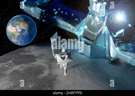 Voyage à la lune par femme pilote du vaisseau spatial en mission sur la lune porte dans sa main drapeau blanc de la paix vue spectaculaire vers le Banque D'Images