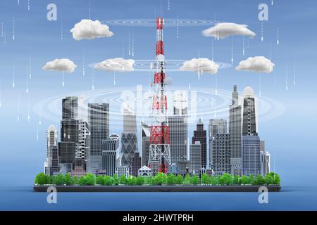 Smart City sur tablette numérique avec antenne tour de télécommunication 5G, technologie de stockage Cloud Big Data concept, rendu 3D Banque D'Images