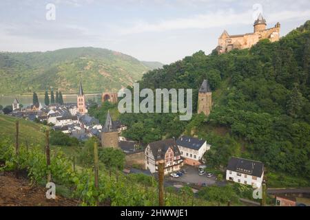 Vue d'ensemble de Bacharach et des vignobles environnants, Rhénanie-Palatinat, Allemagne Banque D'Images