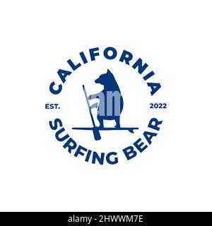 Logo typographique illustration vectorielle d'un ours sur une planche de surf, illustration vectorielle de silhouette de surf. Californie Illustration de Vecteur