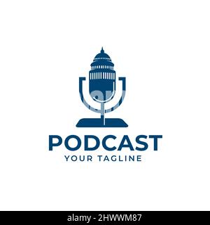 Logo du podcast icône du bâtiment du Capitole des États-Unis à Washington DC, microphone de podcast formant une illustration de silhouette de ville Illustration de Vecteur