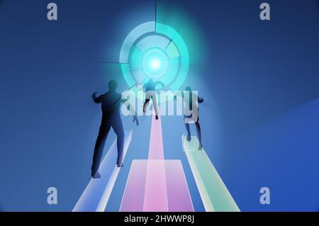 3d illustration . Concept de travail d'équipe , succès . Les hommes d'affaires et les femmes d'affaires vont sur la flèche croissante Banque D'Images