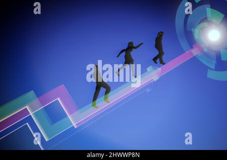 3d illustration . Concept de travail d'équipe , succès . Les hommes d'affaires et les femmes d'affaires vont sur la flèche croissante Banque D'Images