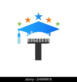 Lettre T logo Education concept de limite de graduation initiale. Modèle de conception de logo pour l'enseignement avec modèle vectoriel de chapeau de diplômé T Letter Illustration de Vecteur