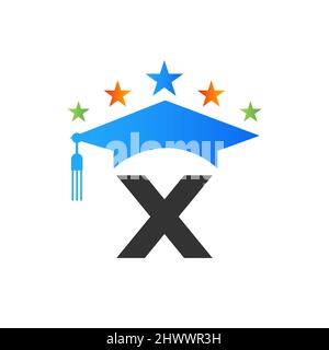Lettre X logo Education concept de limite de graduation initiale. Modèle de conception de logo pour l'enseignement avec modèle vectoriel de chapeau pour les diplômés X Letter Illustration de Vecteur