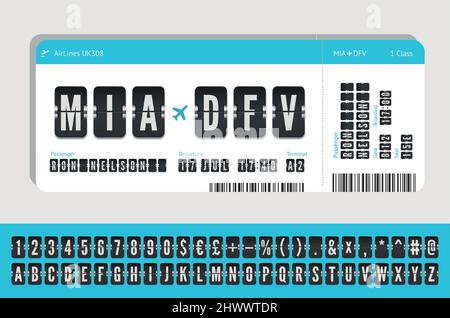 Maquette de billet d'avion avec lettres du terminal de l'aéroport. Concept de carte d'embarquement d'avion avec police de tableau de bord isolée sur blanc Illustration de Vecteur