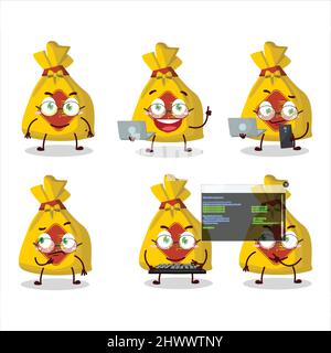 Sac jaune programmeur chinois mignon personnage de dessin animé avec. Illustration vectorielle Illustration de Vecteur