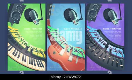 Affiches de dessin animé de la Fête de la musique avec guitare électrique, synthétiseur, dynamique et microphone dans un studio d'enregistrement. Soirée disco musicale Rock-n-roll, concert pop, festival en direct, scénario rétro Vector Flyers Illustration de Vecteur