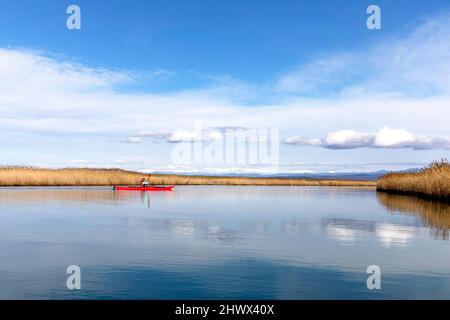 Femme en kayak de mer explorent l'embouchure de la rivière Isonzo (rivière Soča) - Réserve naturelle régionale de la Foce dell'Isonzo, région Friuli Venezia Giulia, Italie. Banque D'Images