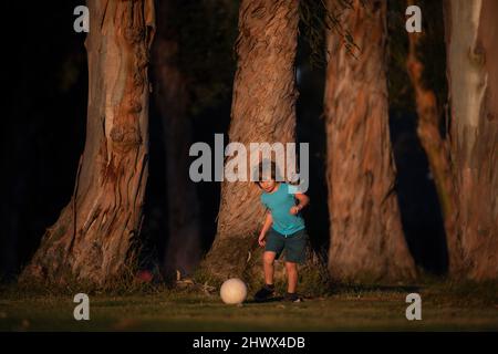 Football enfants, enfant garçon jouent au football en plein air. Jeune garçon avec ballon de football faisant le coup de pied. Football joueurs de football en mouvement. Mignon garçon dans l'action sportive Banque D'Images