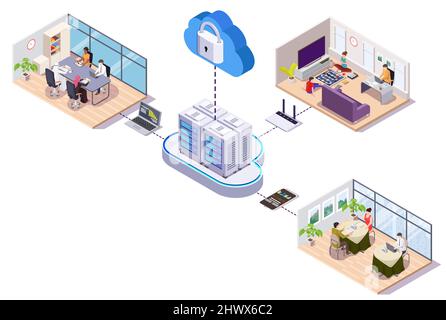 Connectés au stockage dans le cloud, les employés travaillent au bureau, à la maison ou dans un café. Travail à distance, stockage de données, illustration isométrique vectorielle. Illustration de Vecteur